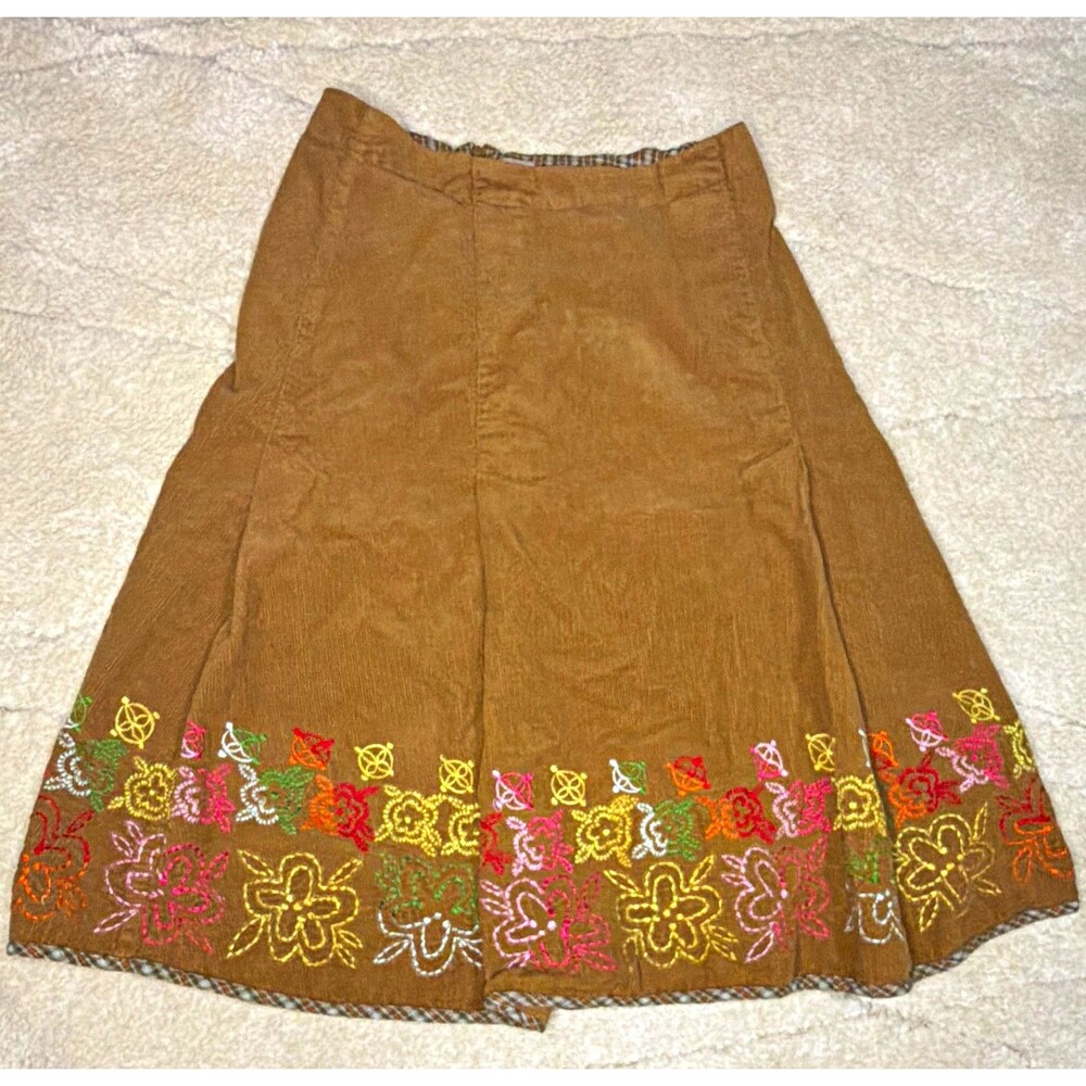 Oilily Womens Brown Corduroy Embroidered Floral A-Line Midi Skirt L See Measures